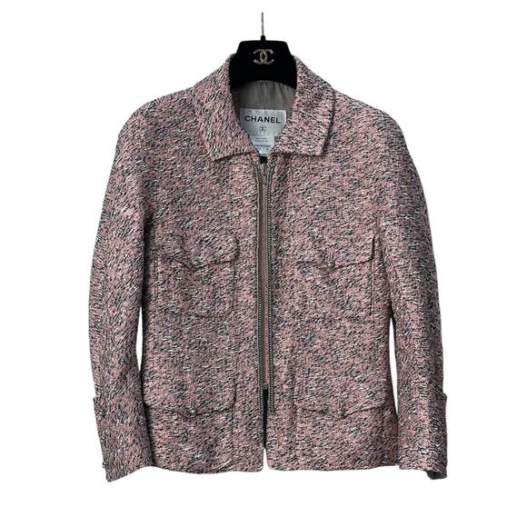 Chanel Pink Silk Tweed Zip Front Jacket - Size 38 - Picture 1 of 9